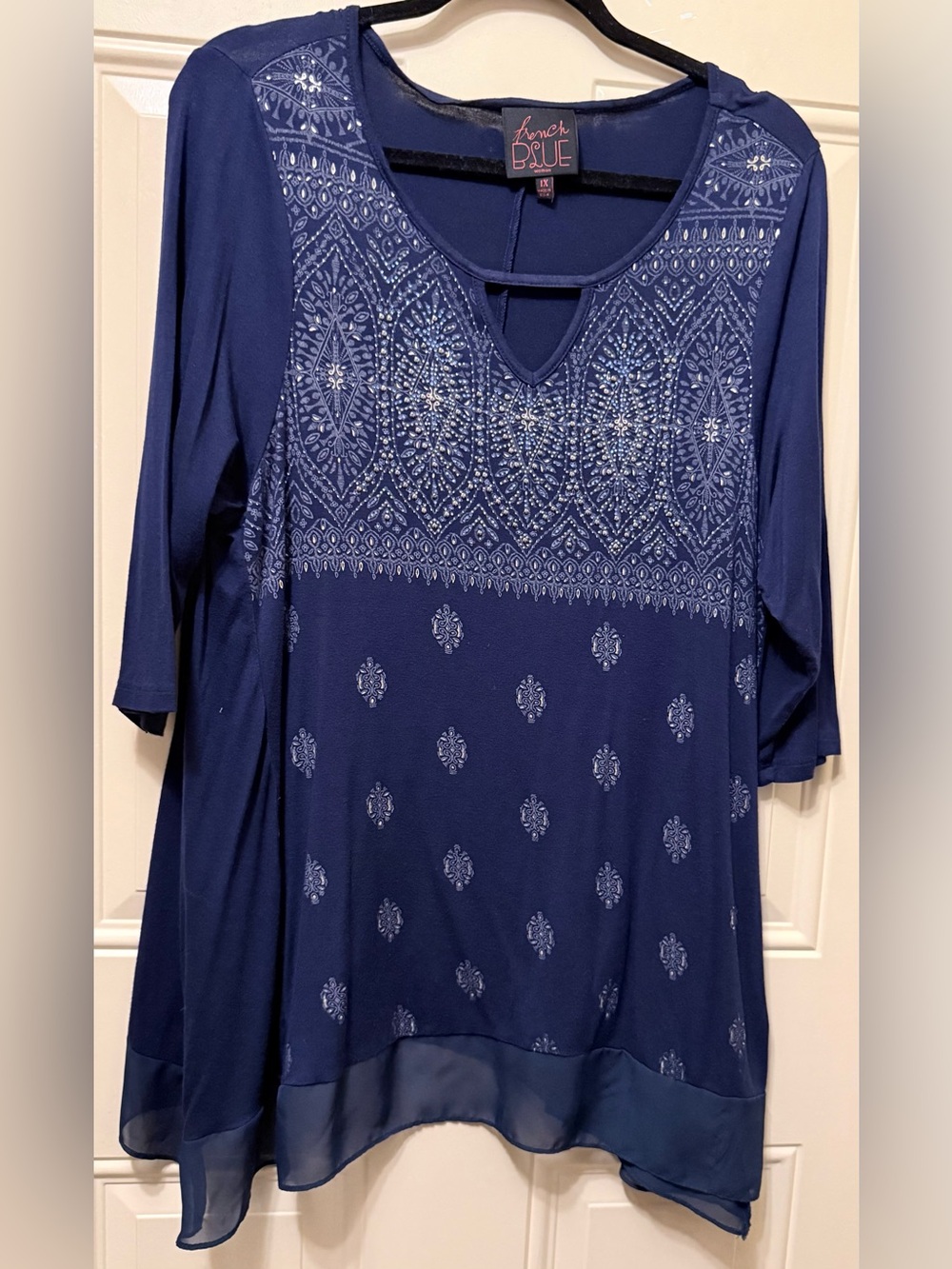French Blue Woman Embellished Blue Pullover Tunic Top Size 1X